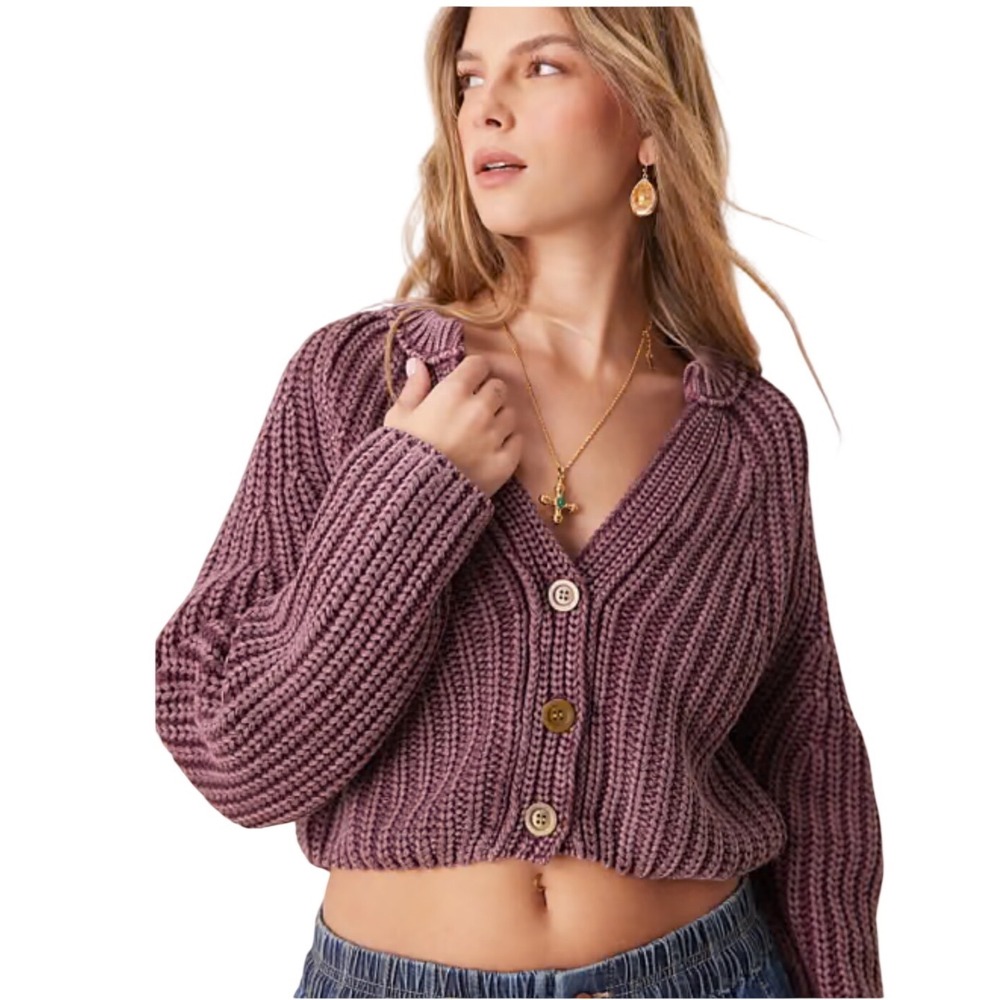 Free People Sweet Nothing Chunky Knit Crop Cardigan Sweater Purple Orchid M NWOT